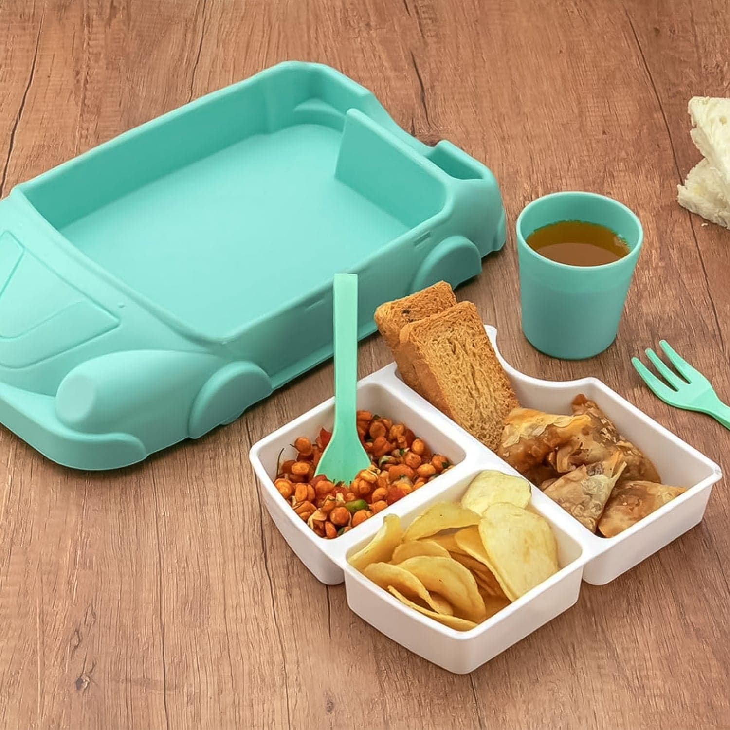 Kid's Car Shaped Plates Cup / Lunch Box Dinnerware Set (4 Pcs Set / 1000 ML Lunch Box) thumbnail 3