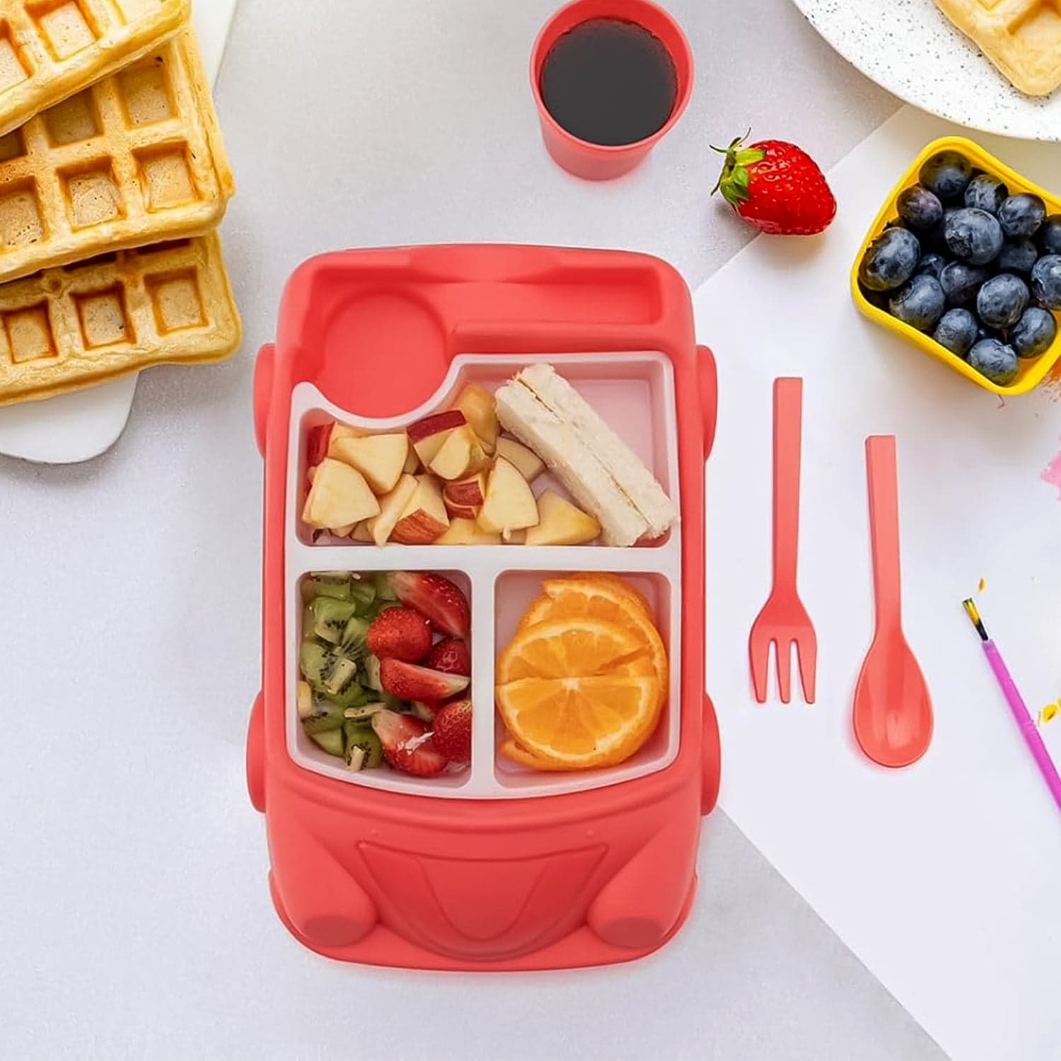 Kid's Car Shaped Plates Cup / Lunch Box Dinnerware Set (4 Pcs Set / 1000 ML Lunch Box) thumbnail 7