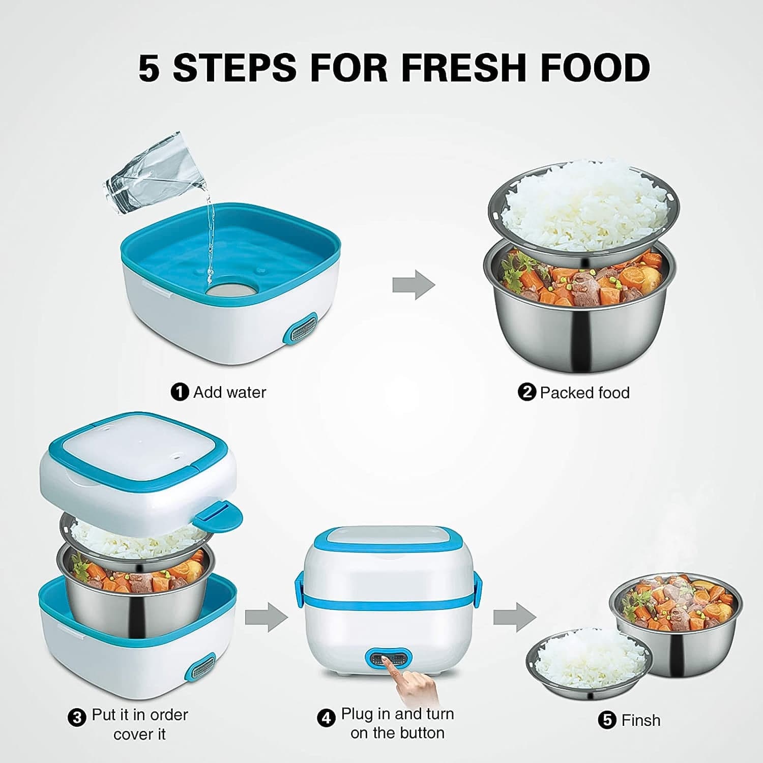 Electric Lunch Box, 3 In 1 Food Heater / Cooker / Steamer With Stainless Steel Bowls (1 Set) thumbnail 6