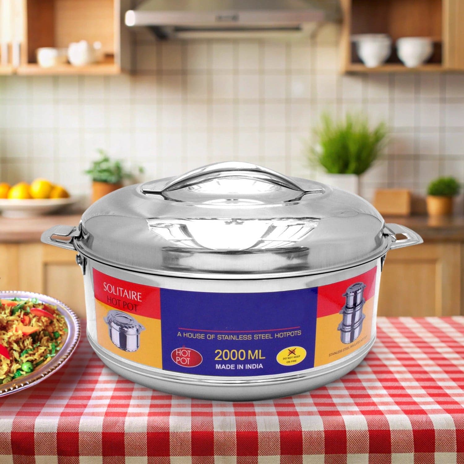 Royal Unique Hot Pot Stainless Steel Insulated Serving Casserole with Lid Handle (2000 ML) thumbnail 1