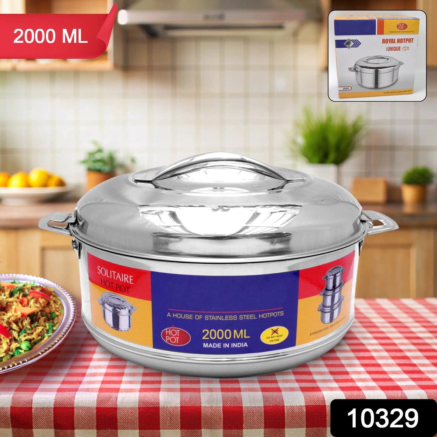 Royal Unique Hot Pot Stainless Steel Insulated Serving Casserole with Lid Handle (2000 ML) thumbnail 2