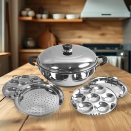 Stainless Steel Multi Kadai With 4 Plates In 1, 2 Idli Plates, 1 Dhokla Plate, 1 Patra Plate, 1 Kadai With 1 Lid (6 Pcs Set)