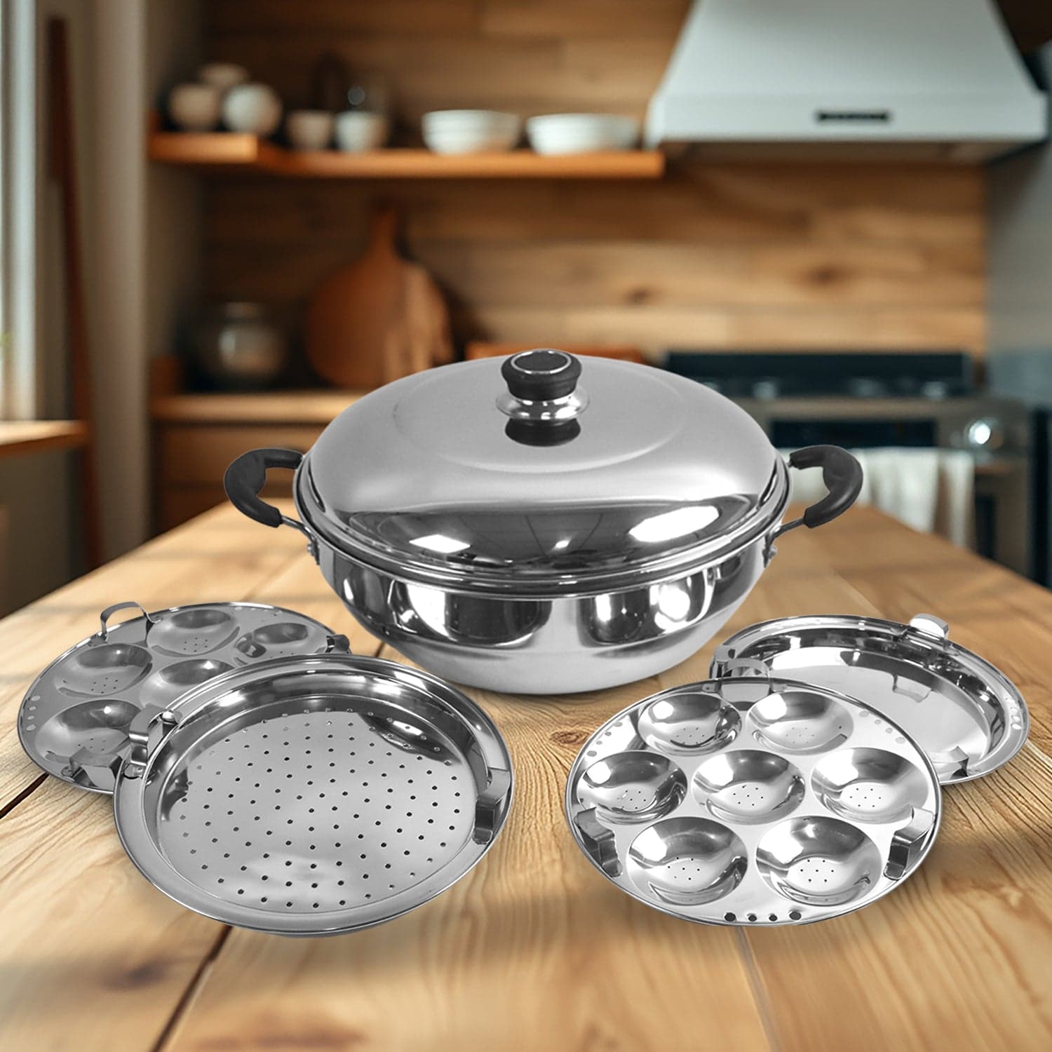 Stainless Steel Multi Kadai With 4 Plates In 1, 2 Idli Plates, 1 Dhokla Plate, 1 Patra Plate, 1 Kadai With 1 Lid (6 Pcs Set) thumbnail 1