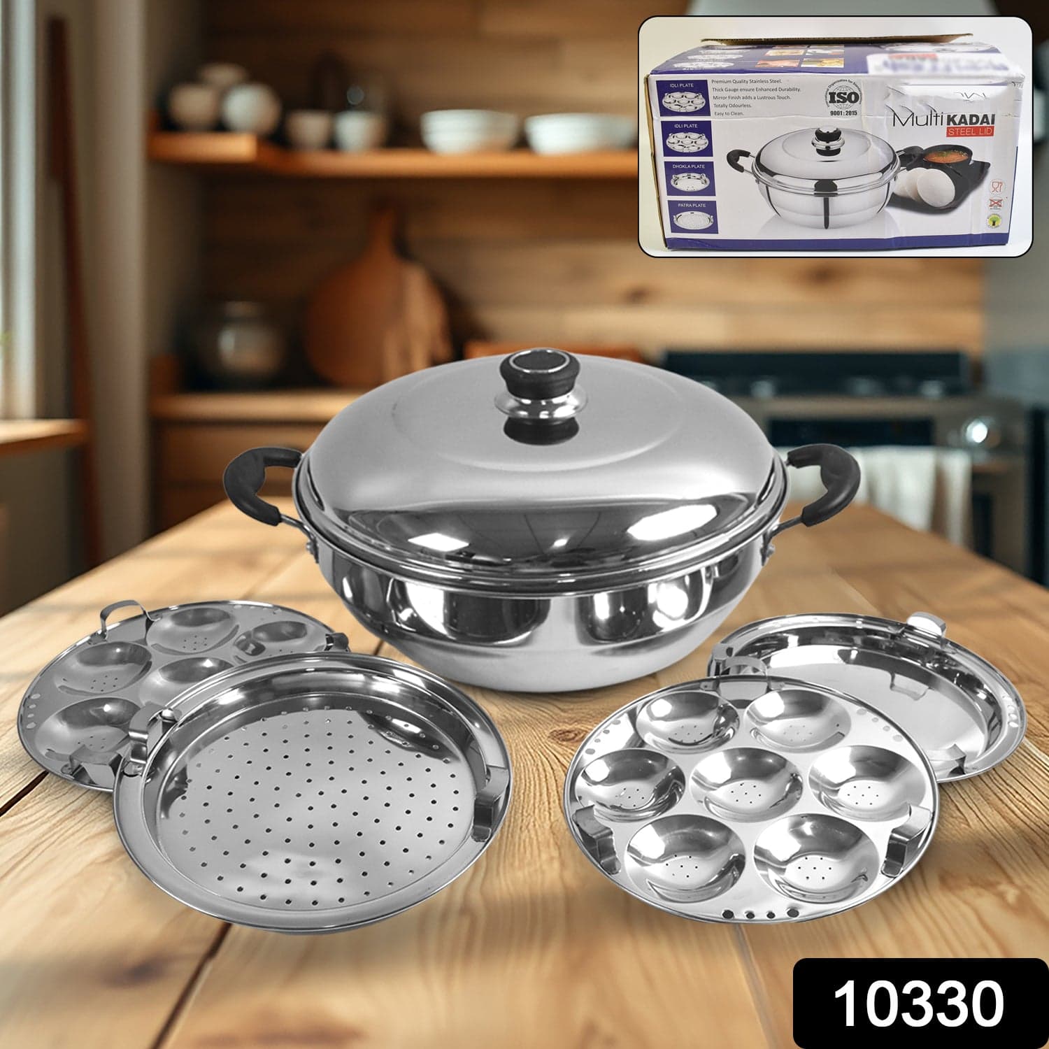 Stainless Steel Multi Kadai With 4 Plates In 1, 2 Idli Plates, 1 Dhokla Plate, 1 Patra Plate, 1 Kadai With 1 Lid (6 Pcs Set) thumbnail 2