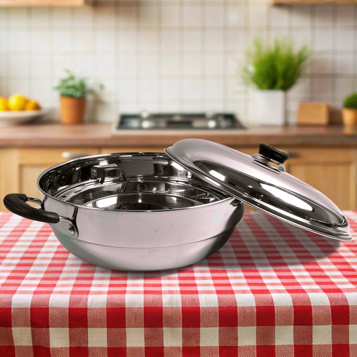 Stainless Steel Multi Kadai With 4 Plates In 1, 2 Idli Plates, 1 Dhokla Plate, 1 Patra Plate, 1 Kadai With 1 Lid (6 Pcs Set) thumbnail 4