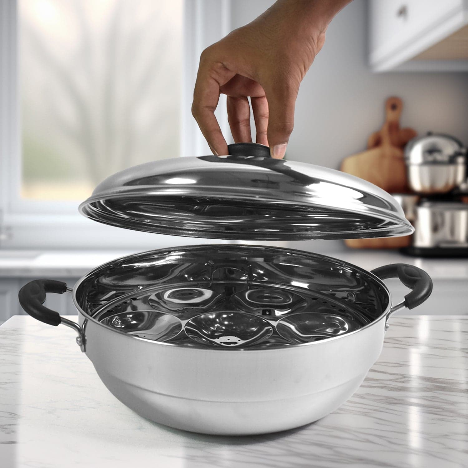 Stainless Steel Multi Kadai With 4 Plates In 1, 2 Idli Plates, 1 Dhokla Plate, 1 Patra Plate, 1 Kadai With 1 Lid (6 Pcs Set) thumbnail 6