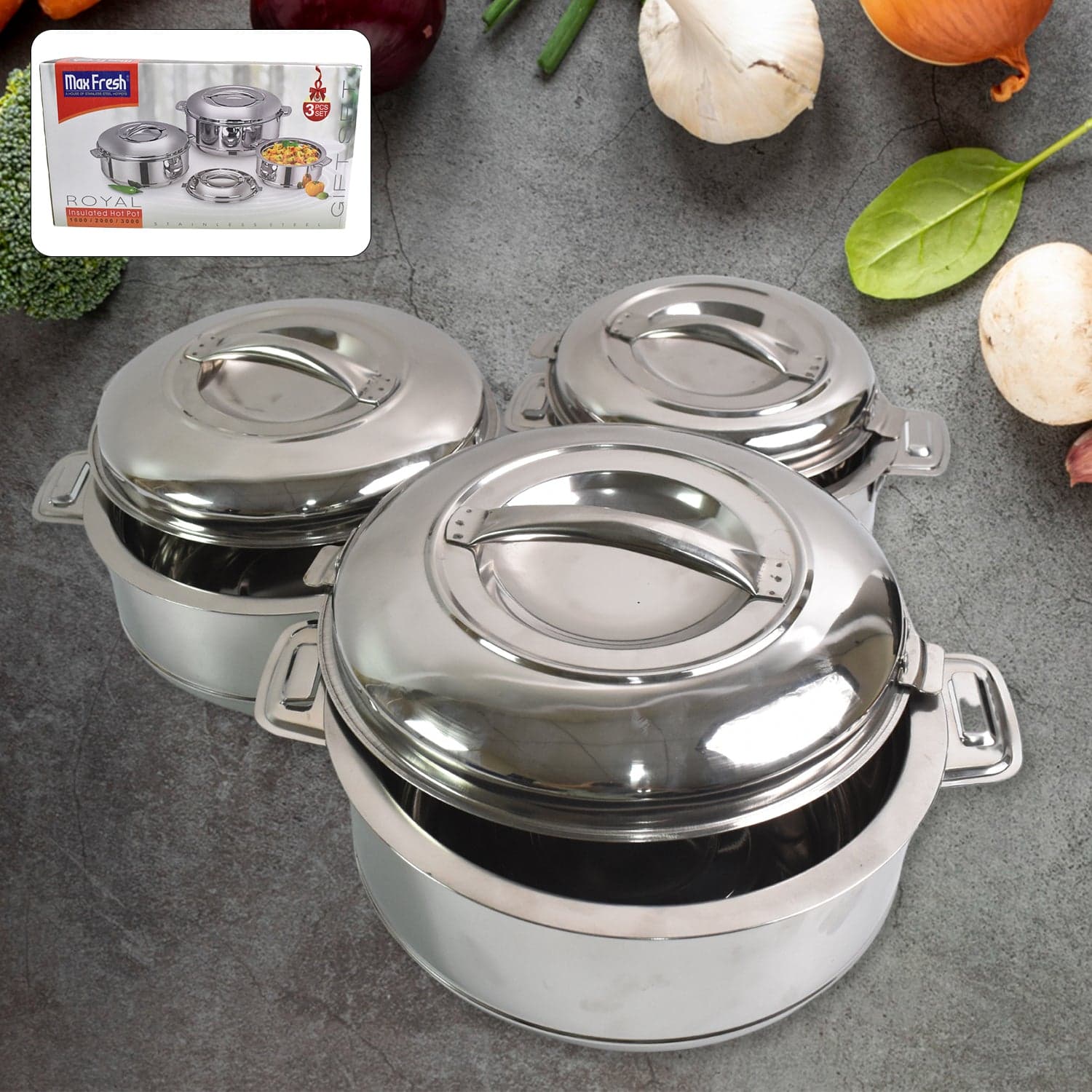 Royal Unique Hot Pot Stainless Steel Insulated Serving Casserole with Lid & Handle (3 pcs Set) thumbnail 1