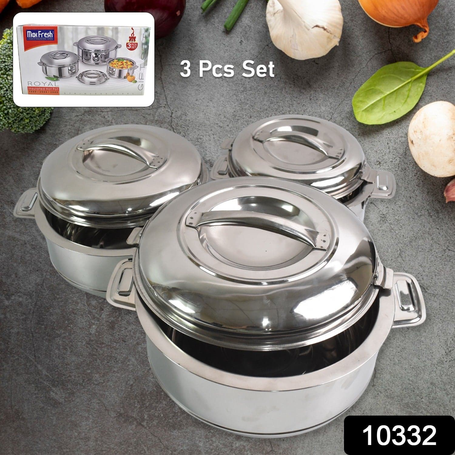 Royal Unique Hot Pot Stainless Steel Insulated Serving Casserole with Lid & Handle (3 pcs Set) thumbnail 2