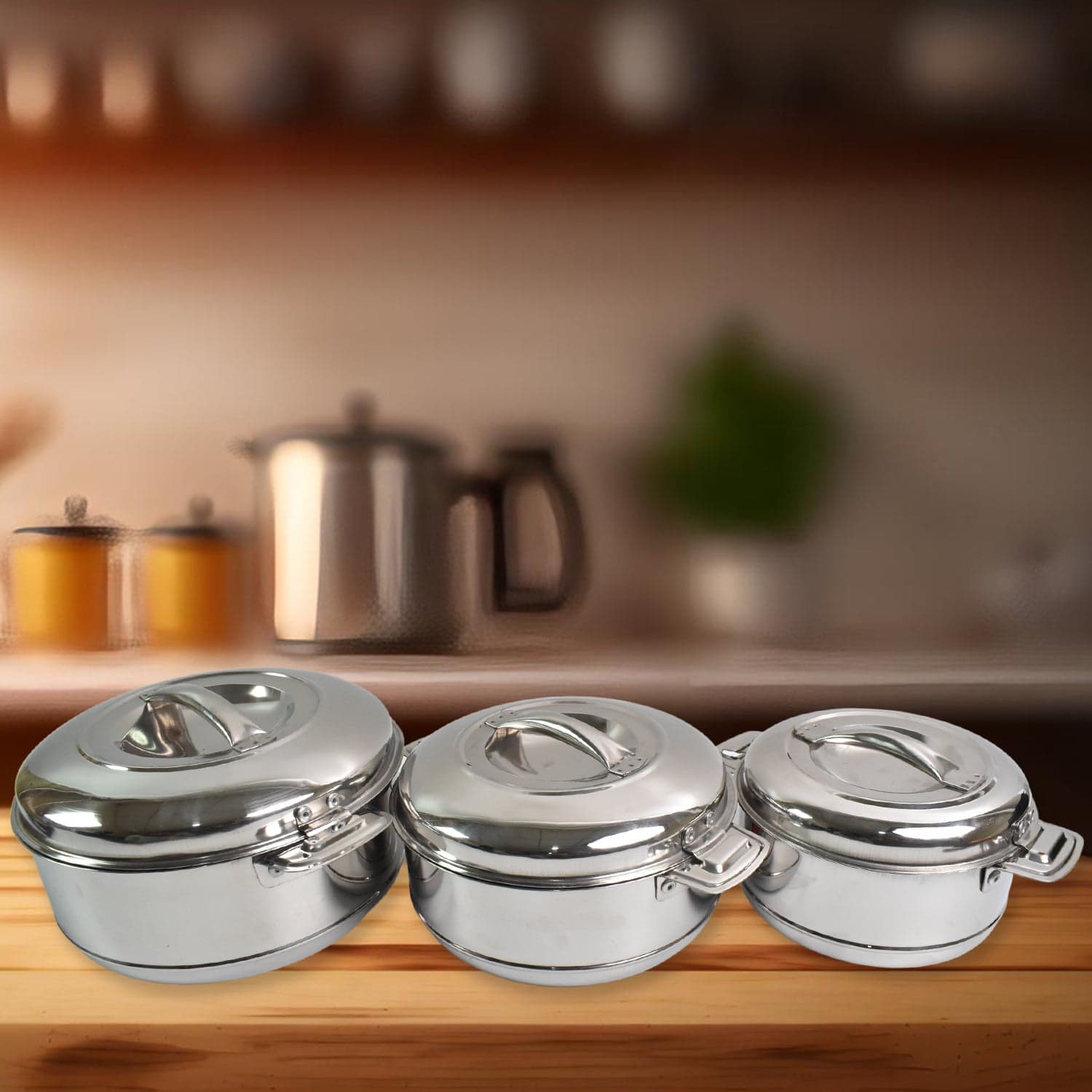 Royal Unique Hot Pot Stainless Steel Insulated Serving Casserole with Lid & Handle (3 pcs Set) thumbnail 4