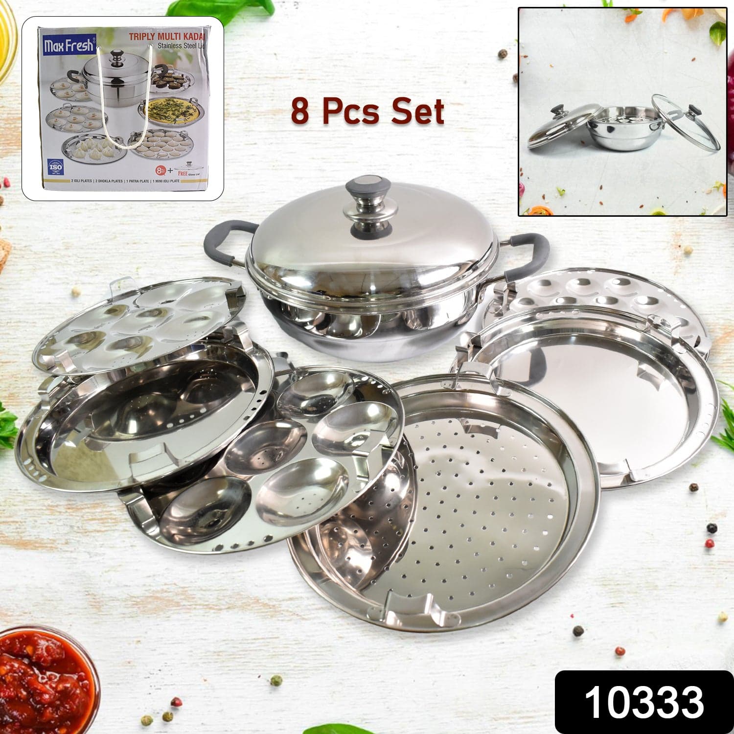 Stainless Steel Triply Multi Kadai Idli, Dhokla, Patra, Mini Idli Plates, Kadai With Lid (8 Pcs Set / Free Glass Transparent Lid) thumbnail 2