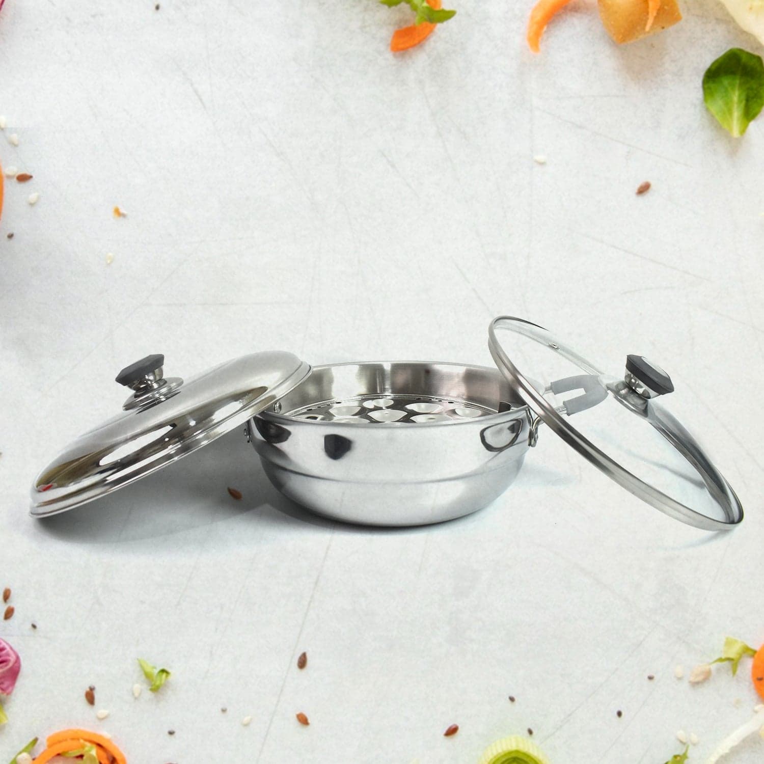 Stainless Steel Triply Multi Kadai Idli, Dhokla, Patra, Mini Idli Plates, Kadai With Lid (8 Pcs Set / Free Glass Transparent Lid) thumbnail 4