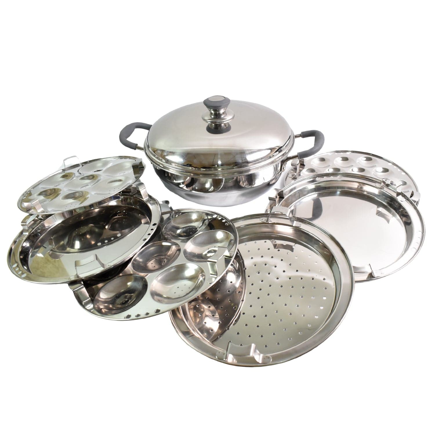 Stainless Steel Triply Multi Kadai Idli, Dhokla, Patra, Mini Idli Plates, Kadai With Lid (8 Pcs Set / Free Glass Transparent Lid) thumbnail 5