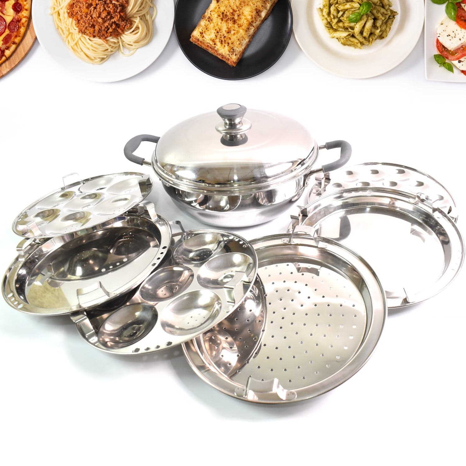 Stainless Steel Triply Multi Kadai Idli, Dhokla, Patra, Mini Idli Plates, Kadai With Lid (8 Pcs Set / Free Glass Transparent Lid) thumbnail 6