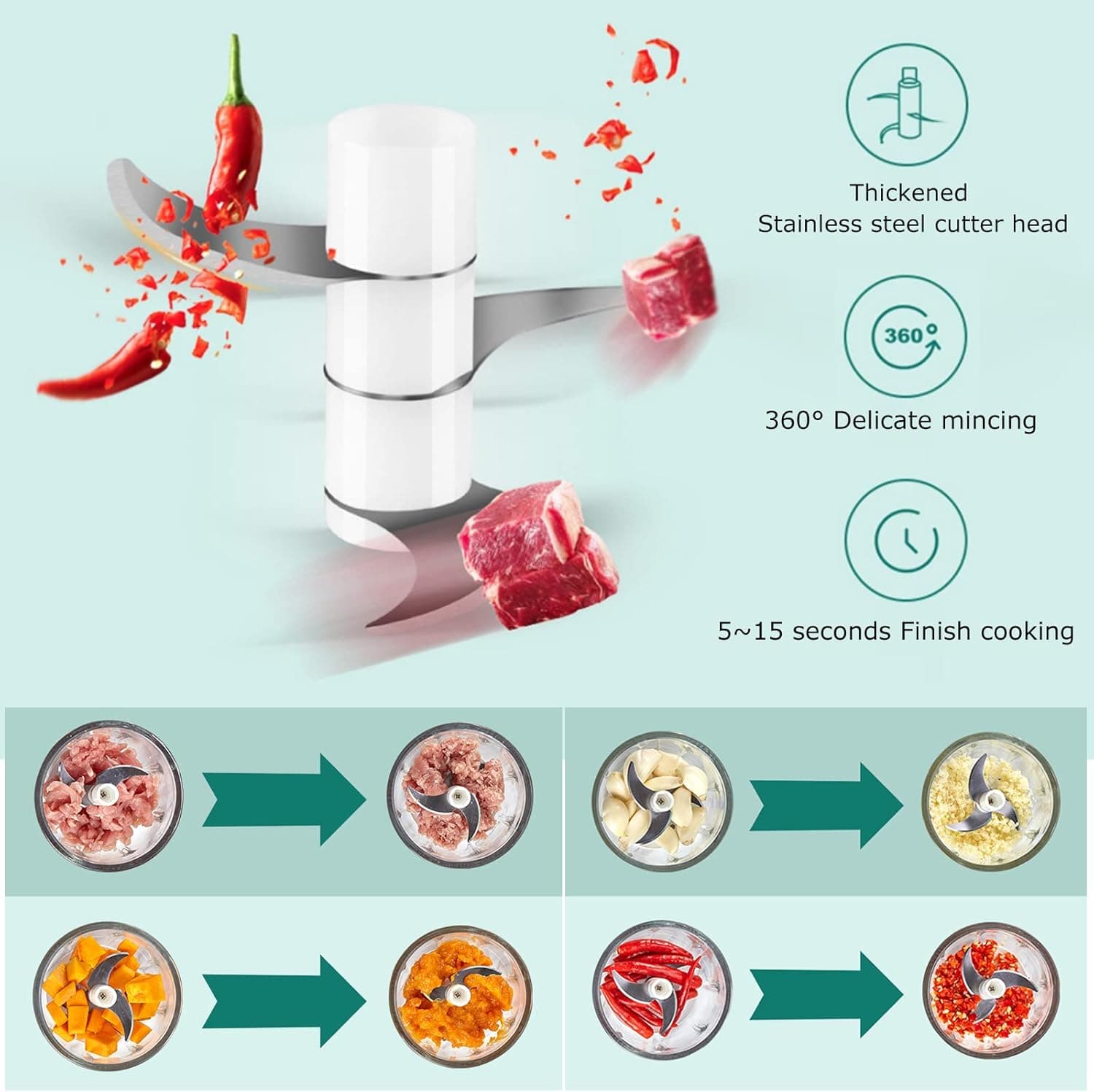 Wireless USB Rechargeable Mini Electric Garlic Machine / Chopper 3 Blades (250Ml) thumbnail 11