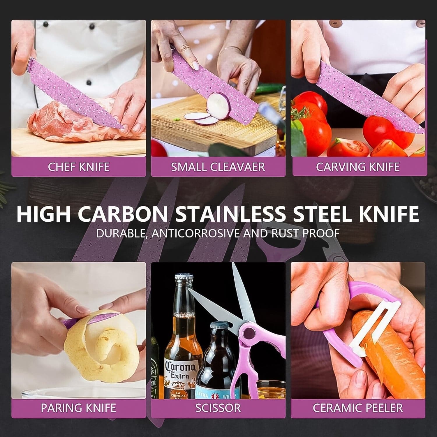 Stainless Steel Non Stick Ceramic Coating 6 Pcs Chef Kitchen Knife Set with Scissor & Peeler thumbnail 3