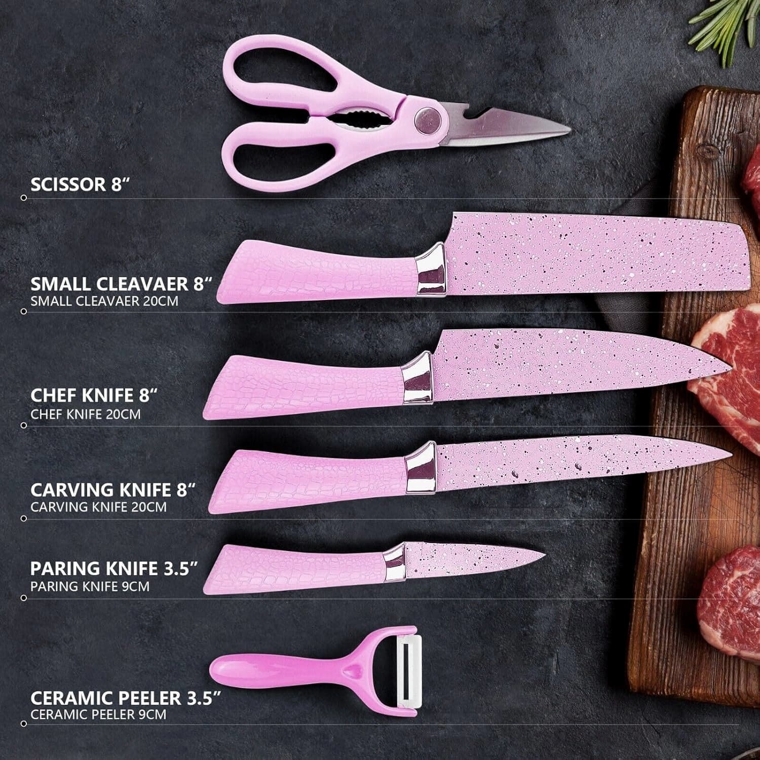 Stainless Steel Non Stick Ceramic Coating 6 Pcs Chef Kitchen Knife Set with Scissor & Peeler thumbnail 6