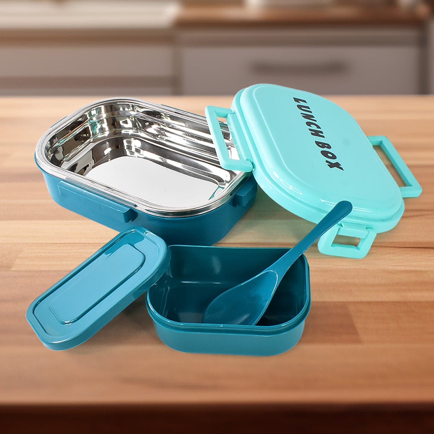 3 in 1 Spicy Bite Stainless Steel Lunch Box With Plastic Small Box & Spoon (1 Set) thumbnail 1