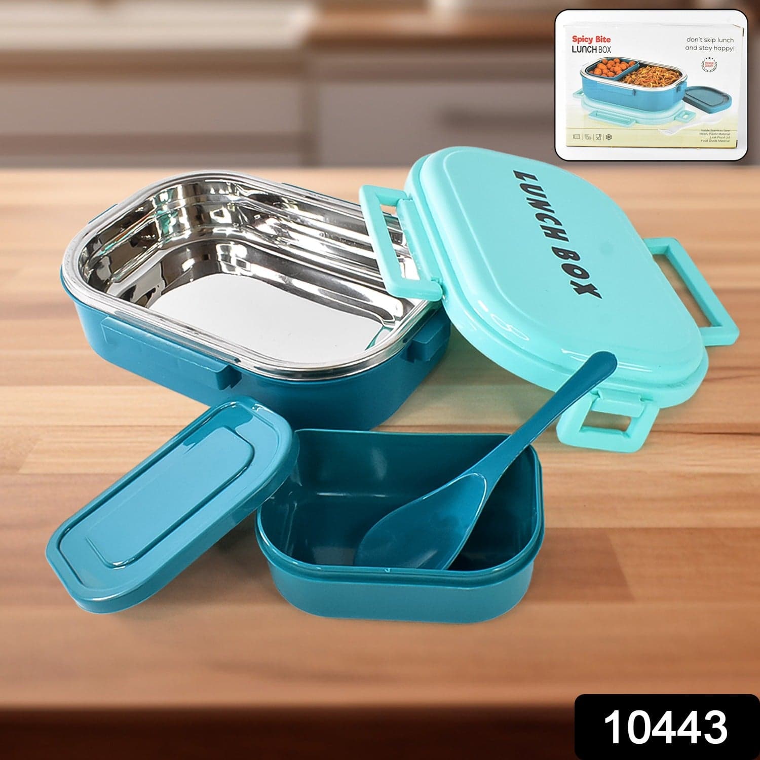 3 in 1 Spicy Bite Stainless Steel Lunch Box With Plastic Small Box & Spoon (1 Set) thumbnail 2