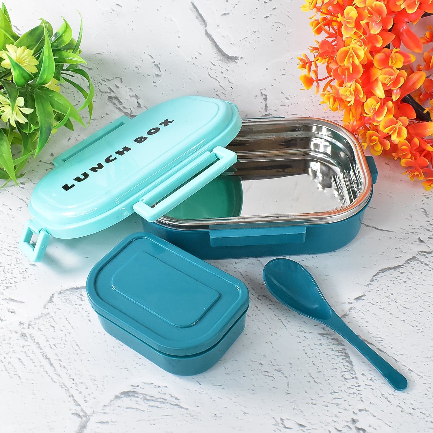 3 in 1 Spicy Bite Stainless Steel Lunch Box With Plastic Small Box & Spoon (1 Set) thumbnail 4
