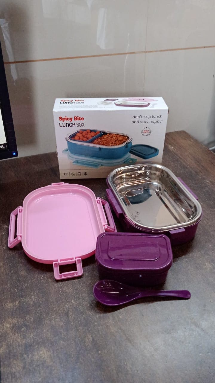 3 in 1 Spicy Bite Stainless Steel Lunch Box With Plastic Small Box & Spoon (1 Set) thumbnail 7