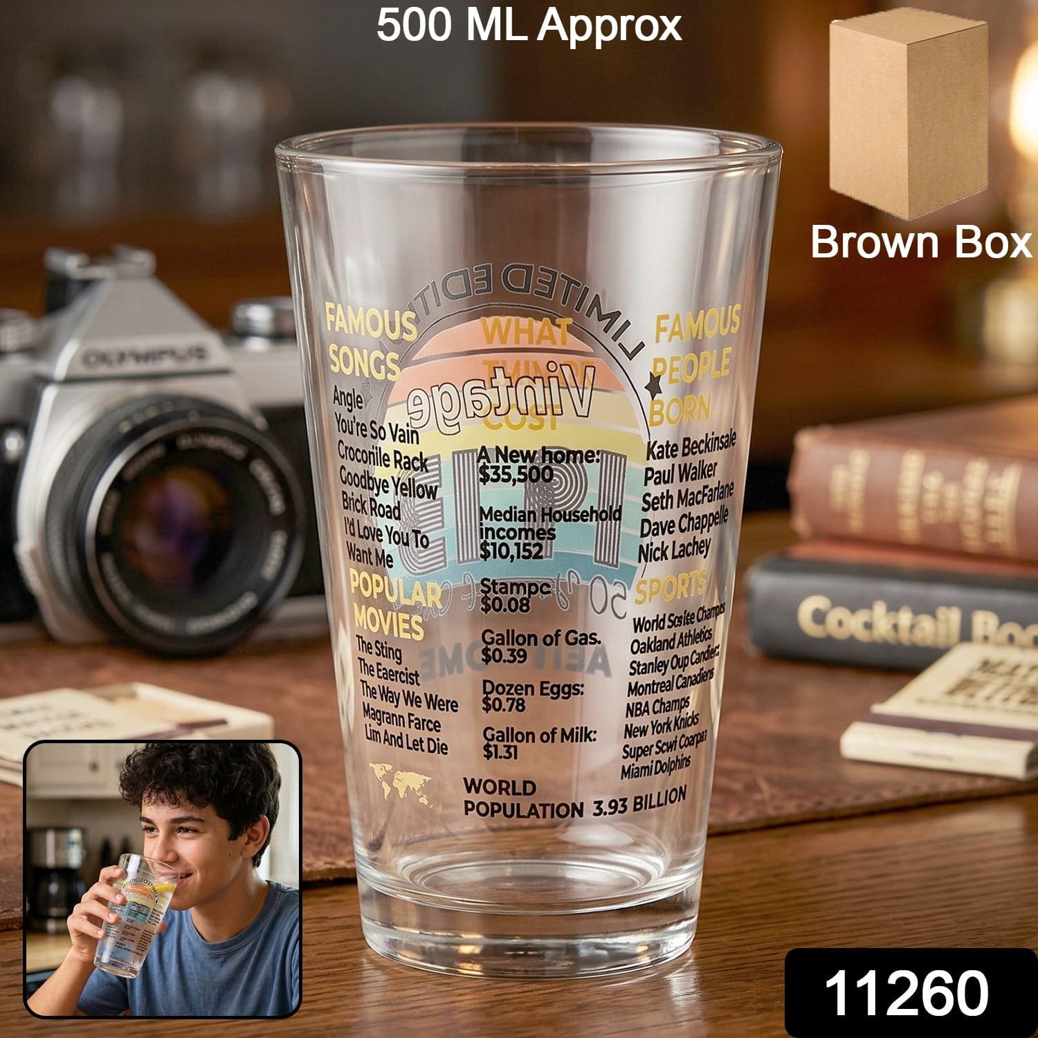 Printed Vintage Trivia Drinking Glass the Unique Novelty Gift thumbnail 2