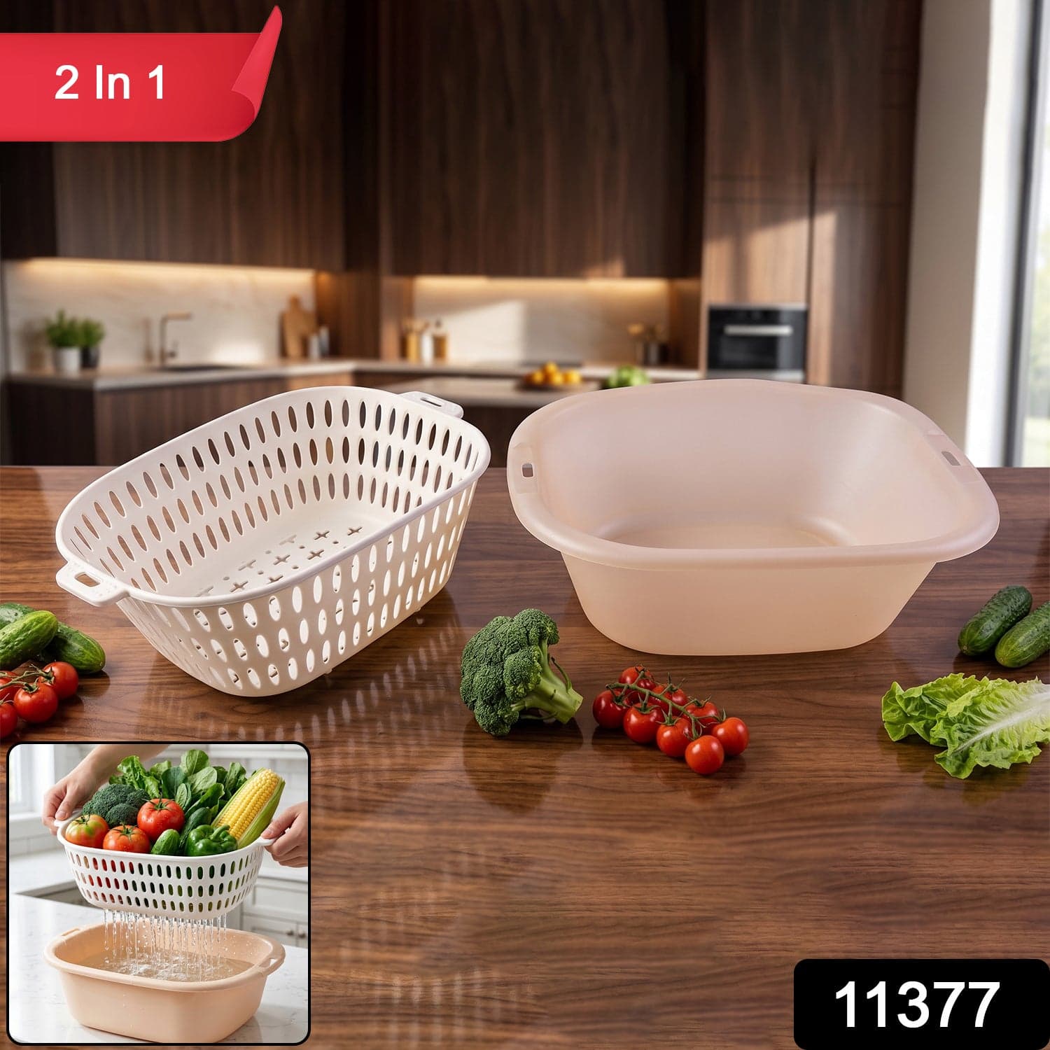 2 in 1 Plastic Double Drain Basket the Multi-Purpose Kitchen Tool thumbnail 2