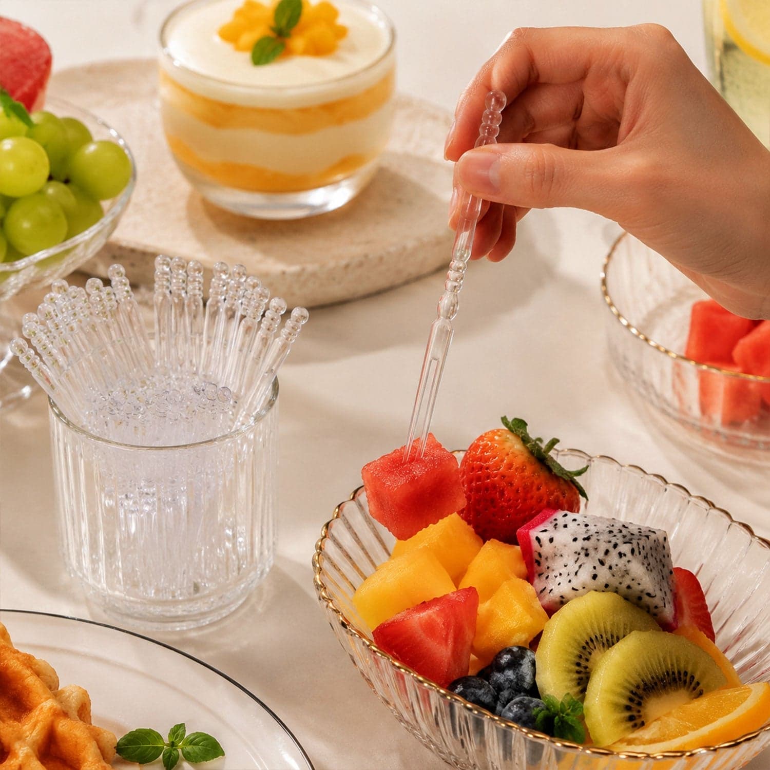 Mini Disposable Plastic Fruit Fork the Elegant Beaded Handle Design thumbnail 3