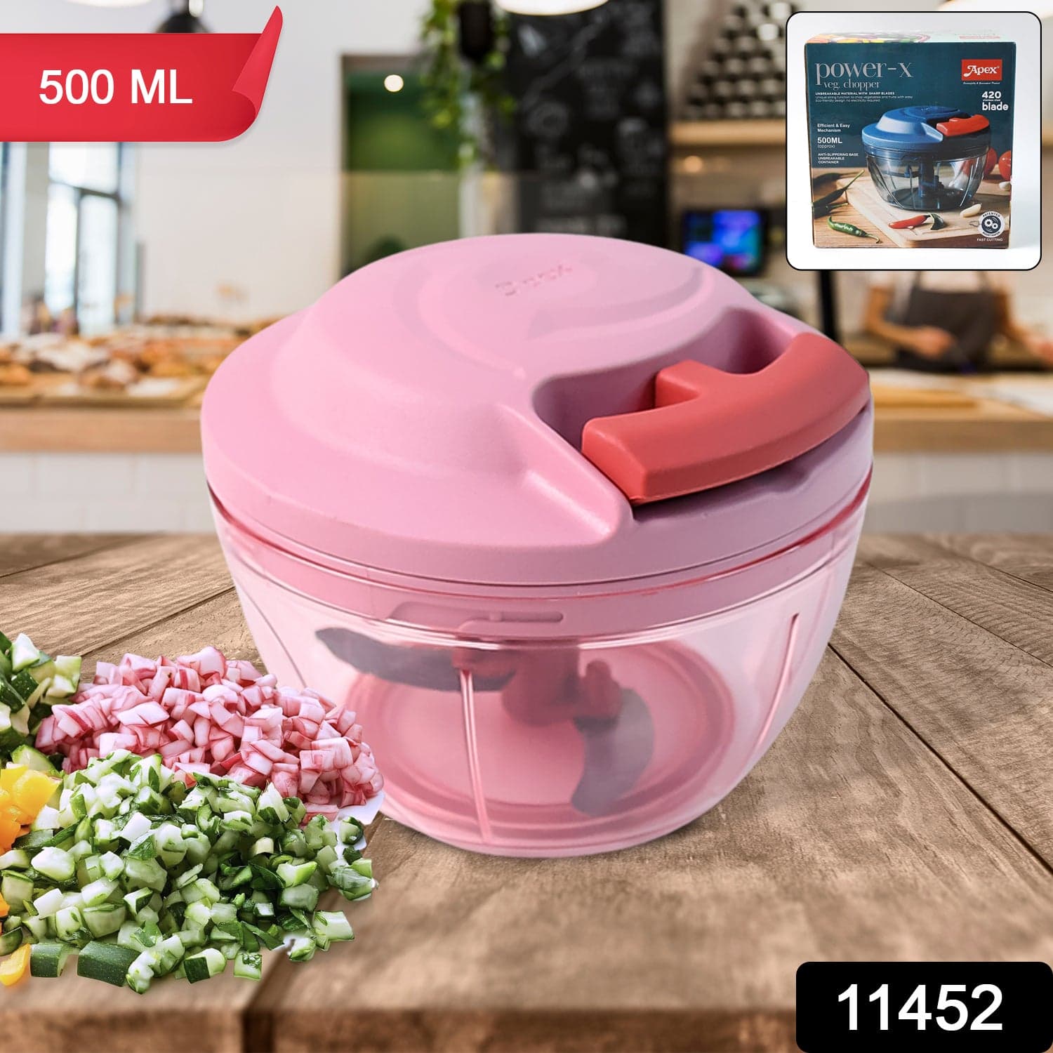 Apex Power-X Triple Stainless Steel Blades and Hand-Pull Vegetable Chopper (500Ml) thumbnail 2