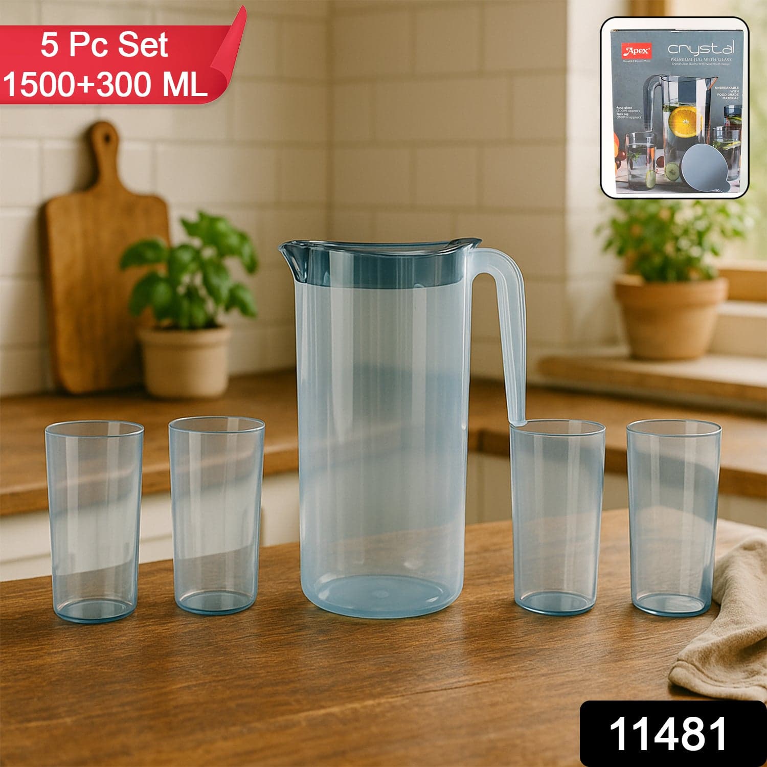 Apex Crystal Premium Jug with Lid & 4 Pcs Glass (1500 ML / 300 ML Approx / 5 Pcs Set) thumbnail 2