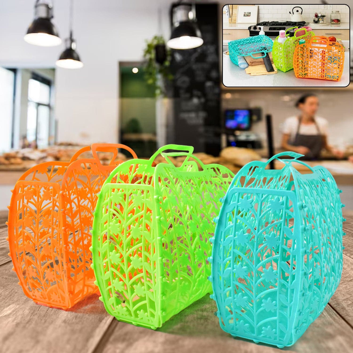 Plastic Foldable Basket Bag || Fruit & Vegetable Storage Basket (3 Pcs Set / Multicolor) thumbnail 1
