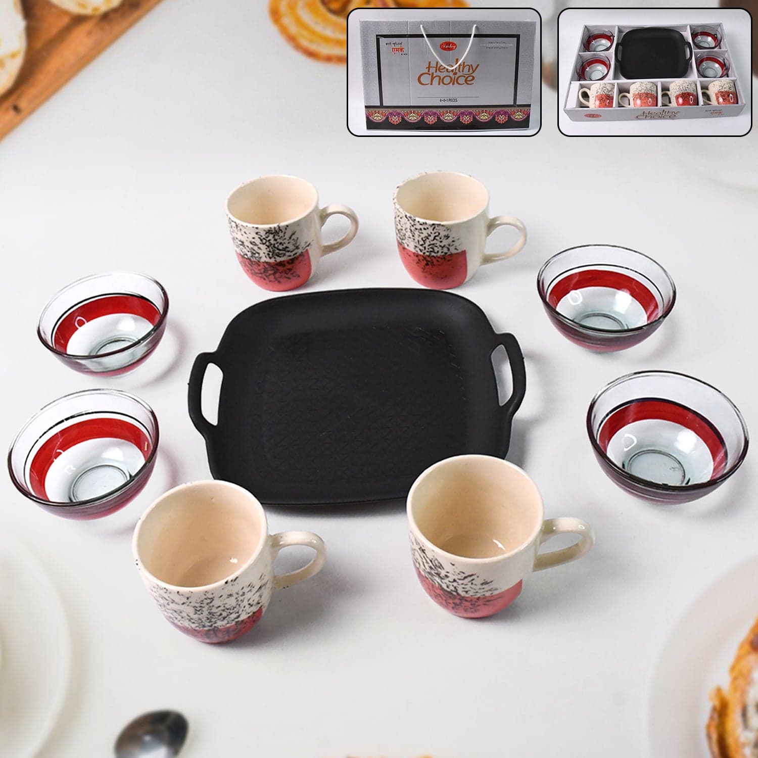 Healthy Choice Set Of 4pc Ceramic Cup And 4pc Glass Bowl With Plastic Plate (9 Pcs Set) thumbnail 1