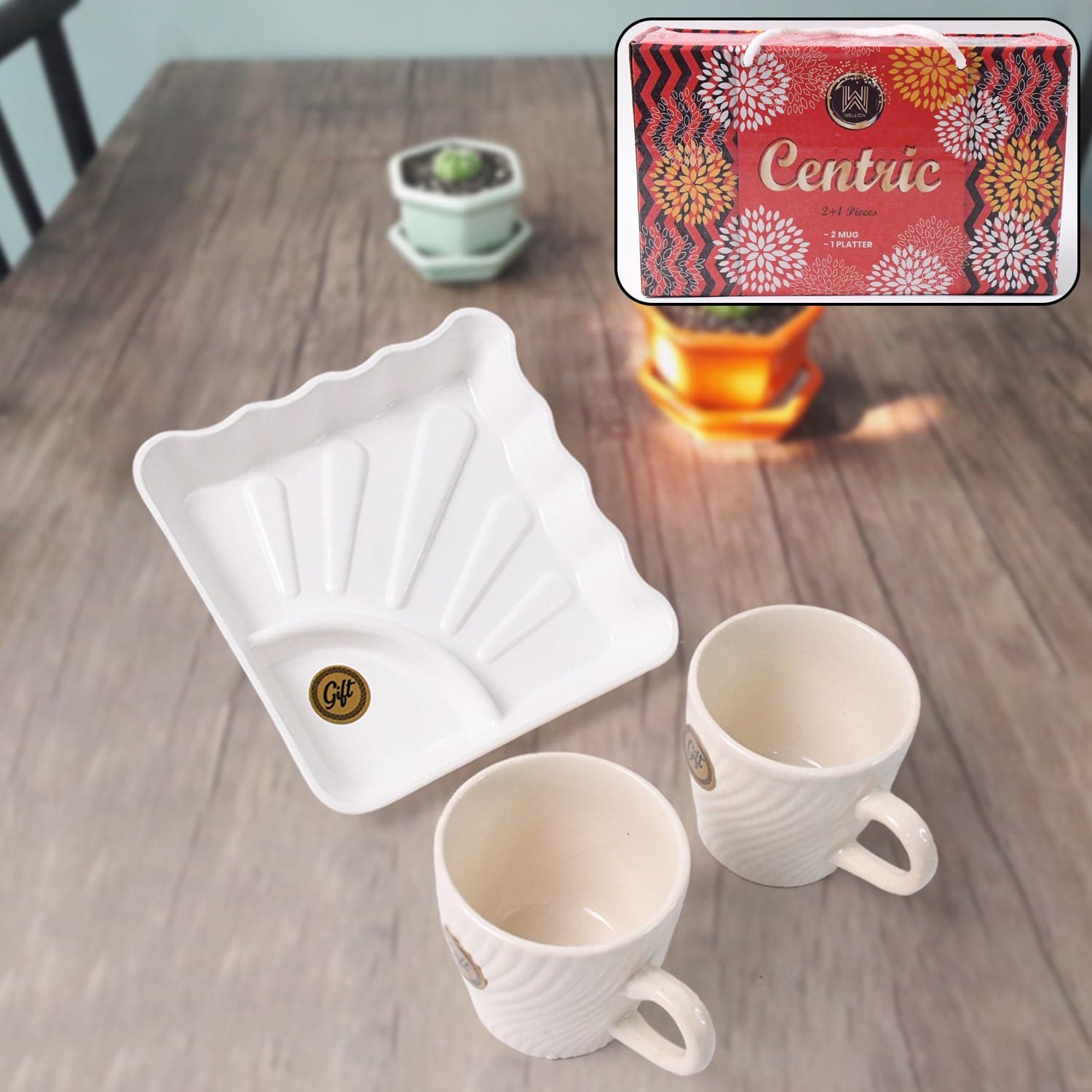 Cerntric Ceramic Tea Cup With Plastic Square Shape Serving Platter Milk Cup 3pc Set thumbnail 1