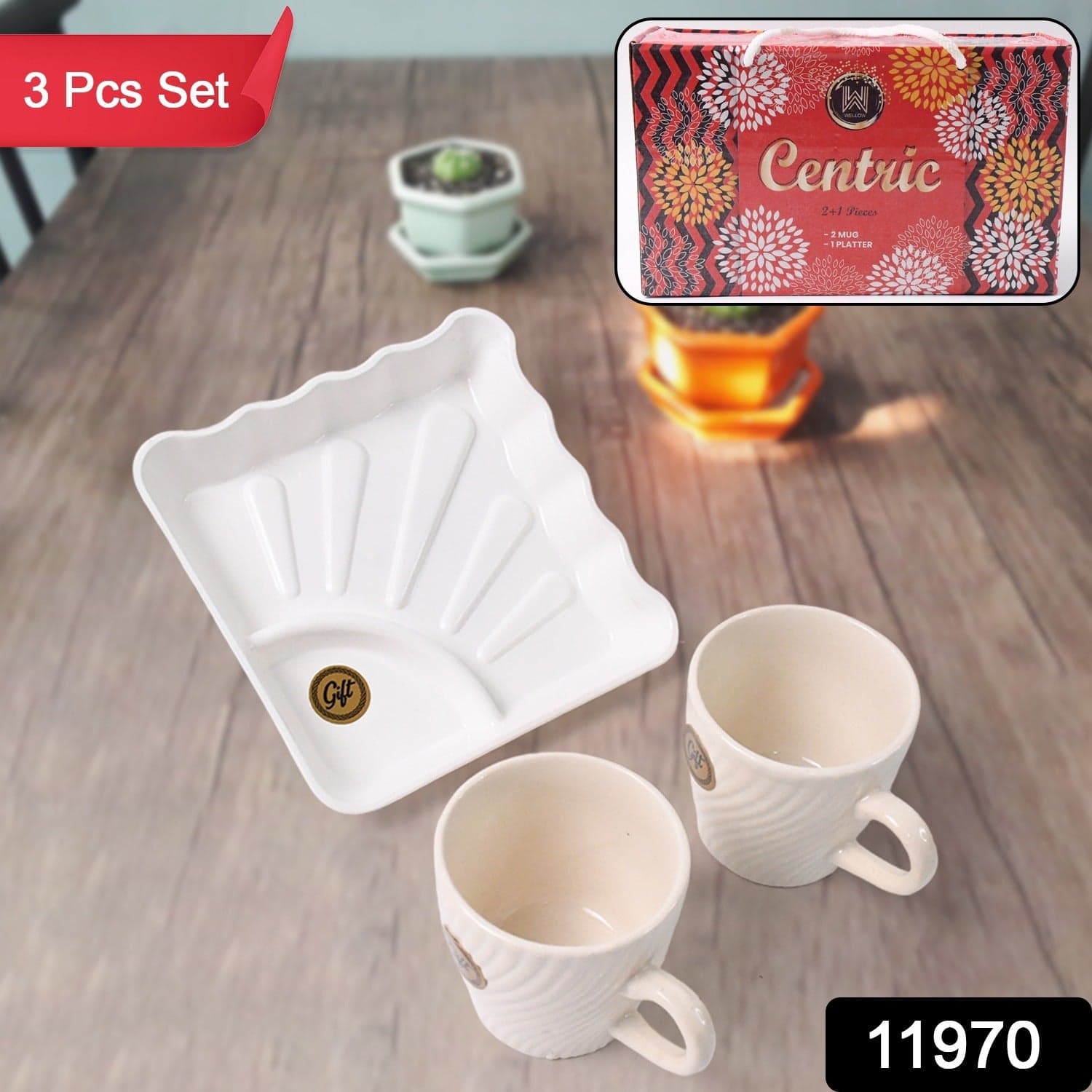 Cerntric Ceramic Tea Cup With Plastic Square Shape Serving Platter Milk Cup 3pc Set thumbnail 2