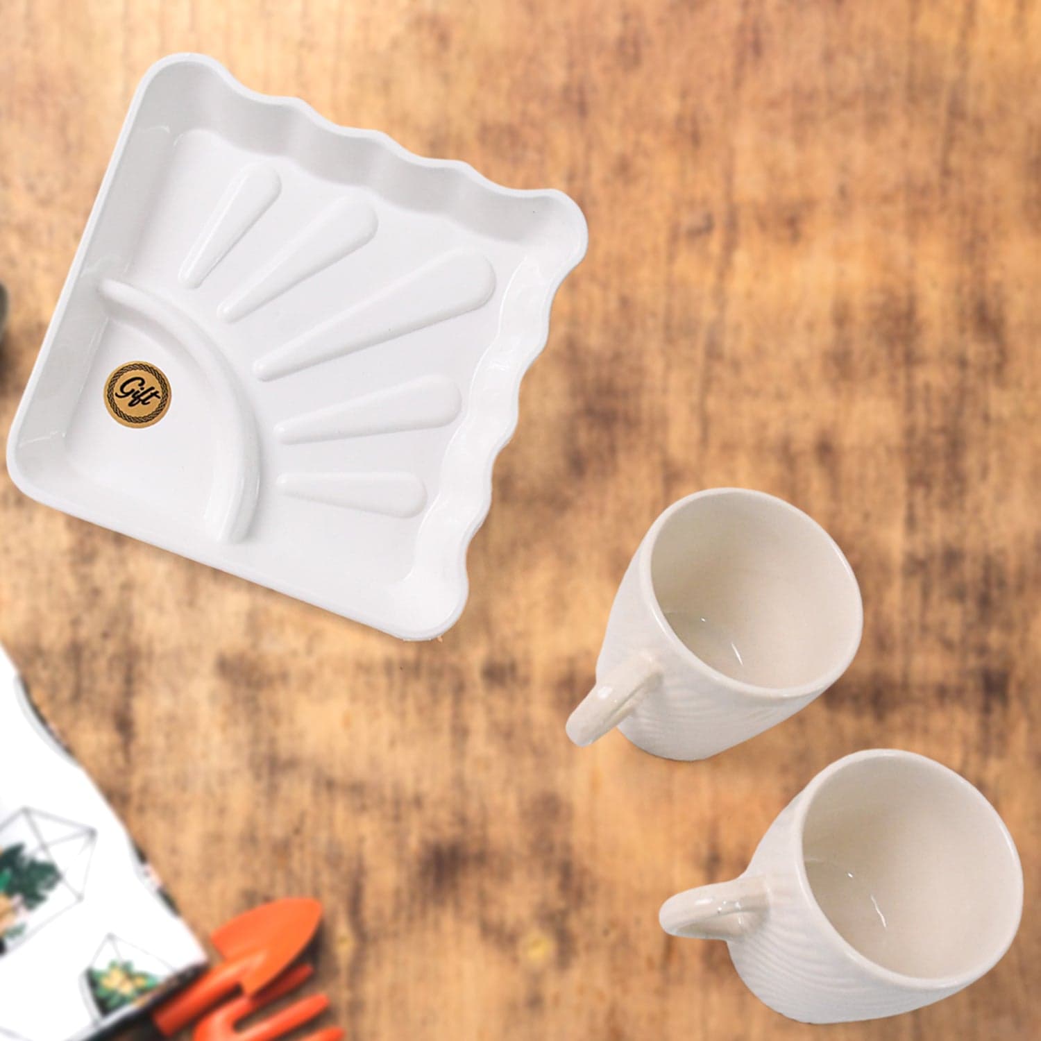 Cerntric Ceramic Tea Cup With Plastic Square Shape Serving Platter Milk Cup 3pc Set thumbnail 3