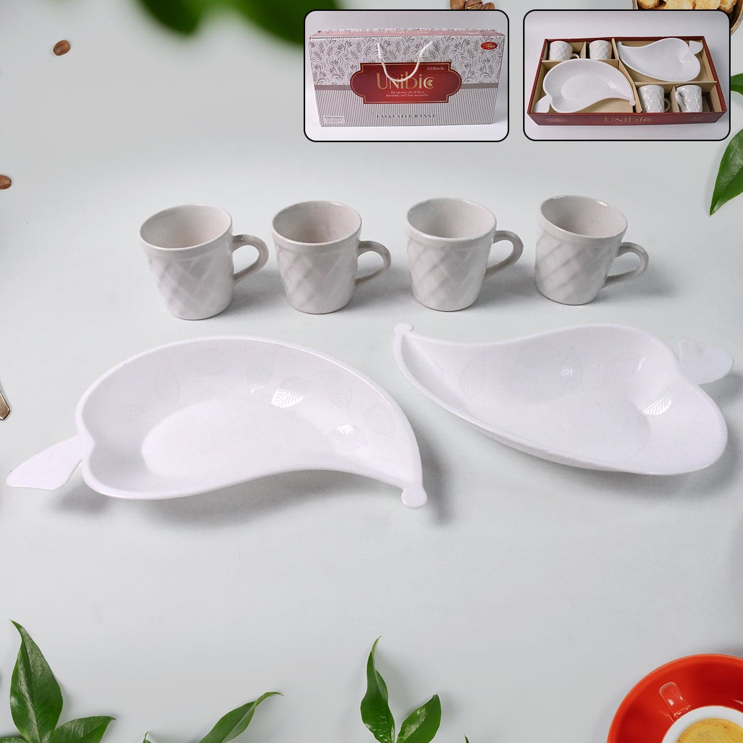 Unibic Ceramic Tea Cups With Plastic Leaf Shape tray / Platter (6 Pcs Set) thumbnail 1