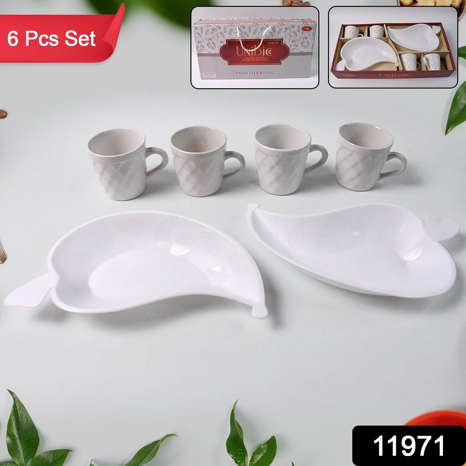 Unibic Ceramic Tea Cups With Plastic Leaf Shape tray / Platter (6 Pcs Set) thumbnail 2