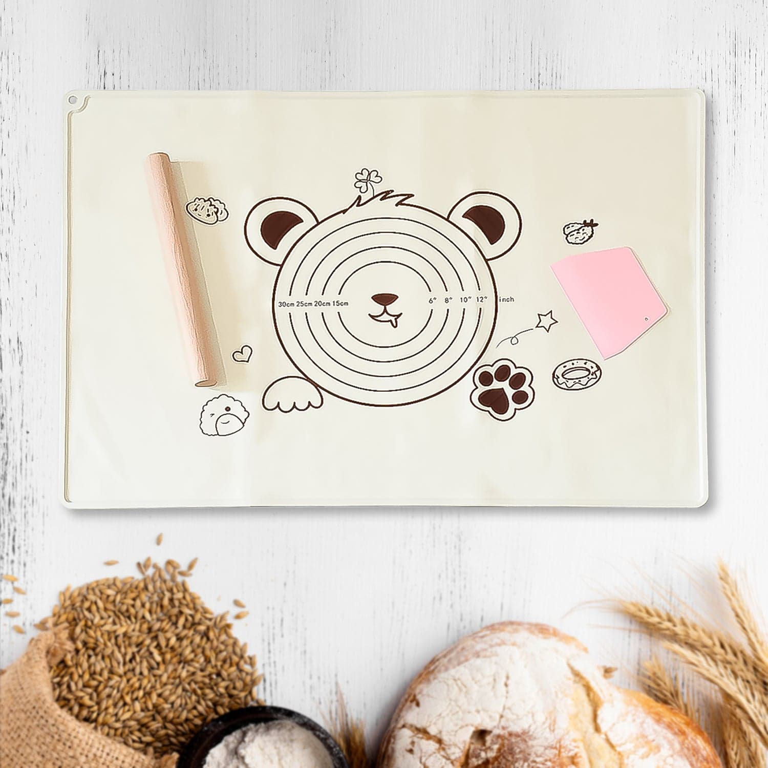 3 In 1 Heavy Silicone Baking Mat With Wooden Belan & Cake Scraper (3 Pcs Set / 70—50 CM) thumbnail 1