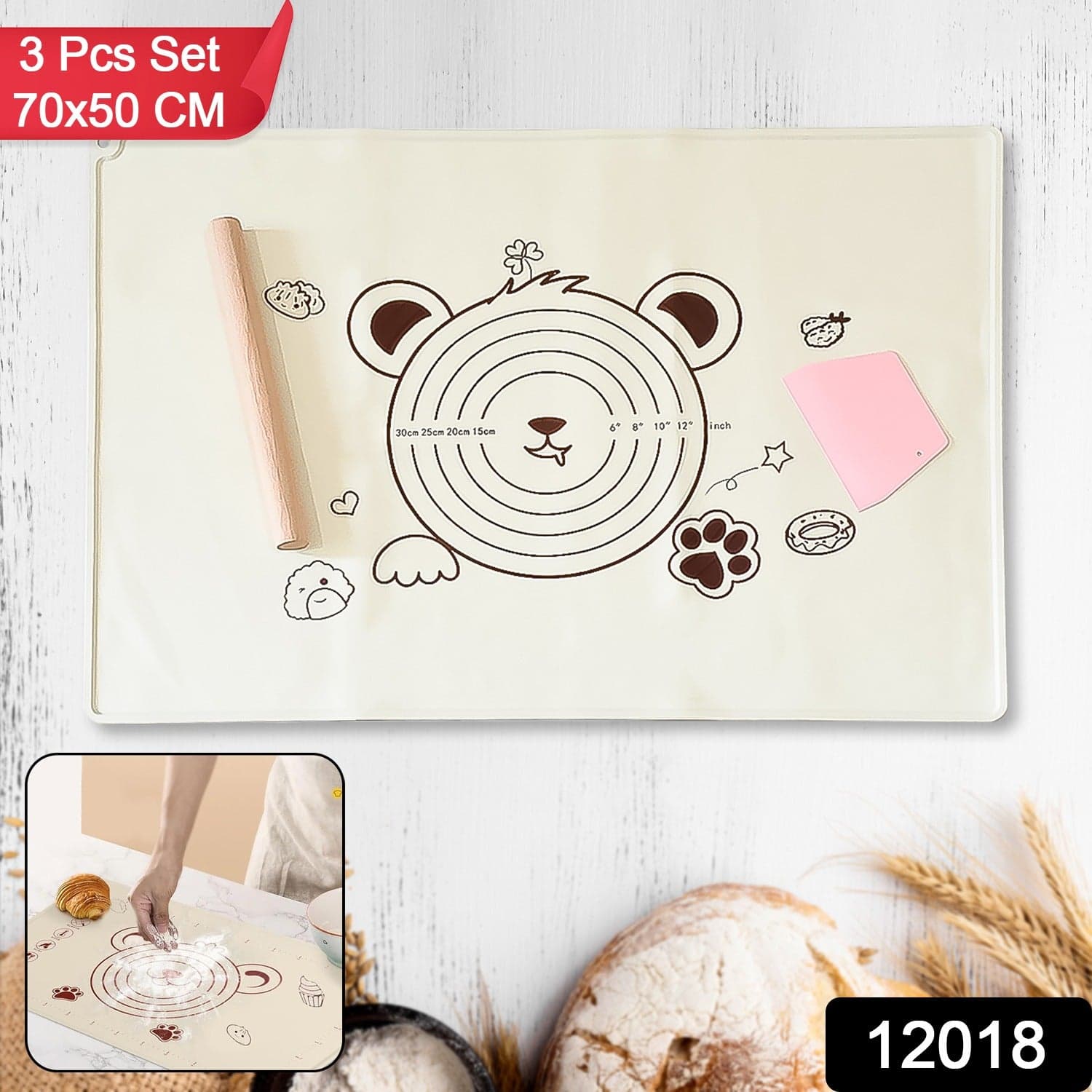 3 In 1 Heavy Silicone Baking Mat With Wooden Belan & Cake Scraper (3 Pcs Set / 70—50 CM) thumbnail 2