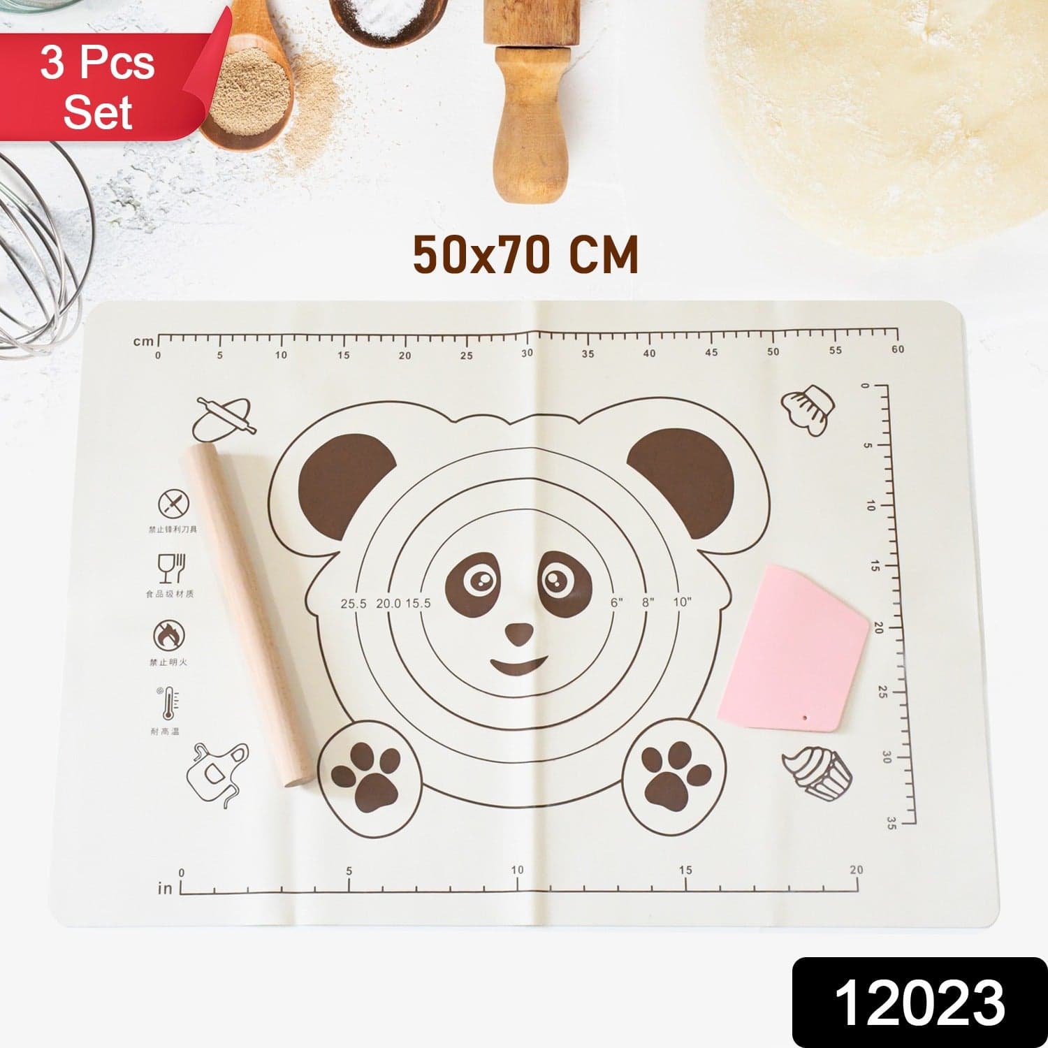 3 In 1 Silicone Baking Mat With Wooden Belan & Cake Scraper (3 Pcs Set / 50—70 CM) thumbnail 2