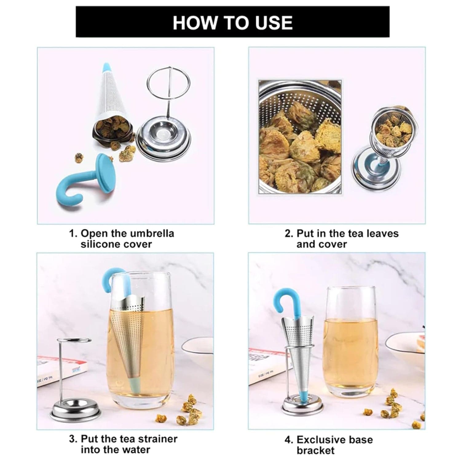 Reusable Cute Umbrella Tea Strainer With Tray / Stand (1 Pc) thumbnail 4