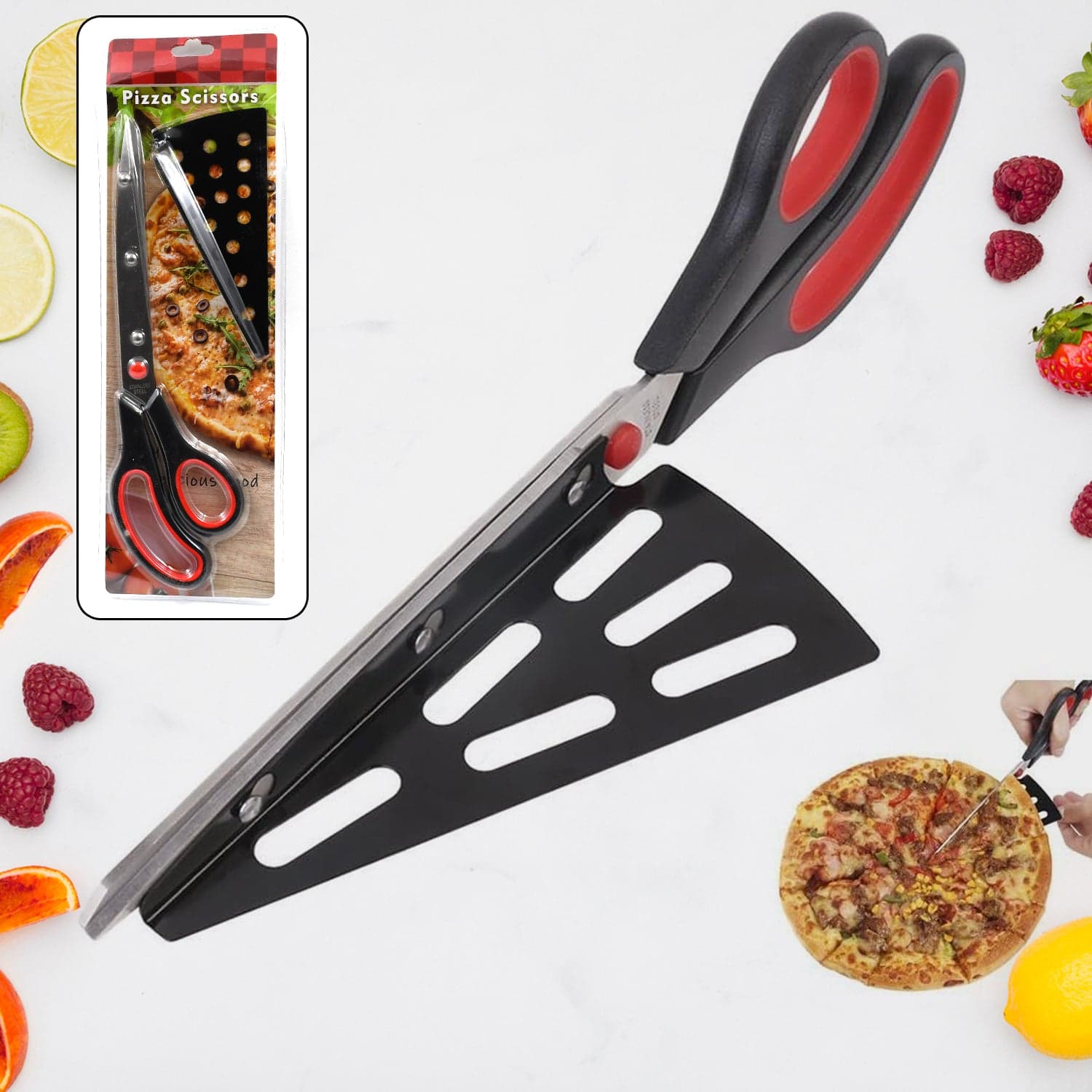 Stainless Steel Pizza Cutter Scissors Plastic Handle with Removable Spatula thumbnail 1