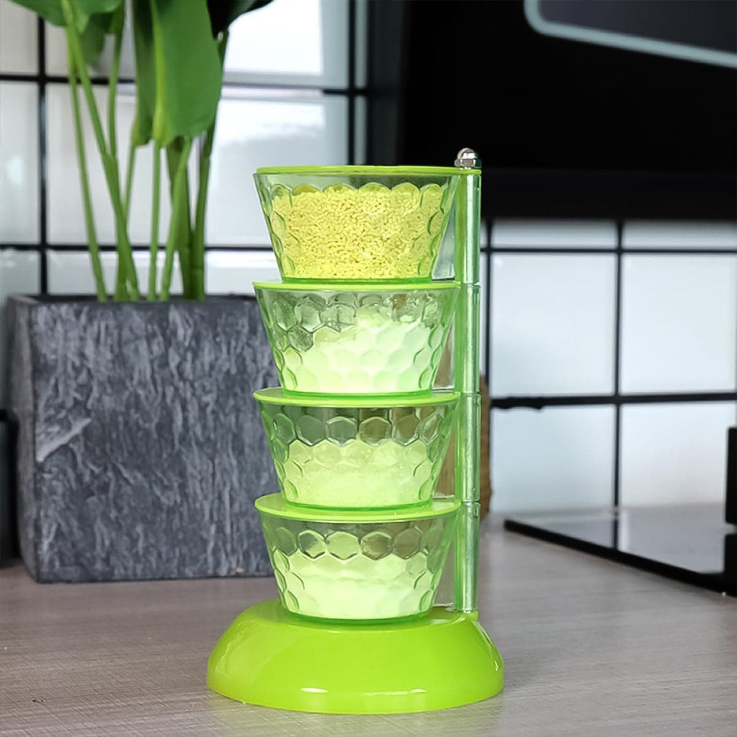 4 Section 360° Rotating Vertical Seasoning Box Plastic Pickle Tower | Spice Rack (4 Layer with 4 Plastic Spoon / 1 Set) thumbnail 1