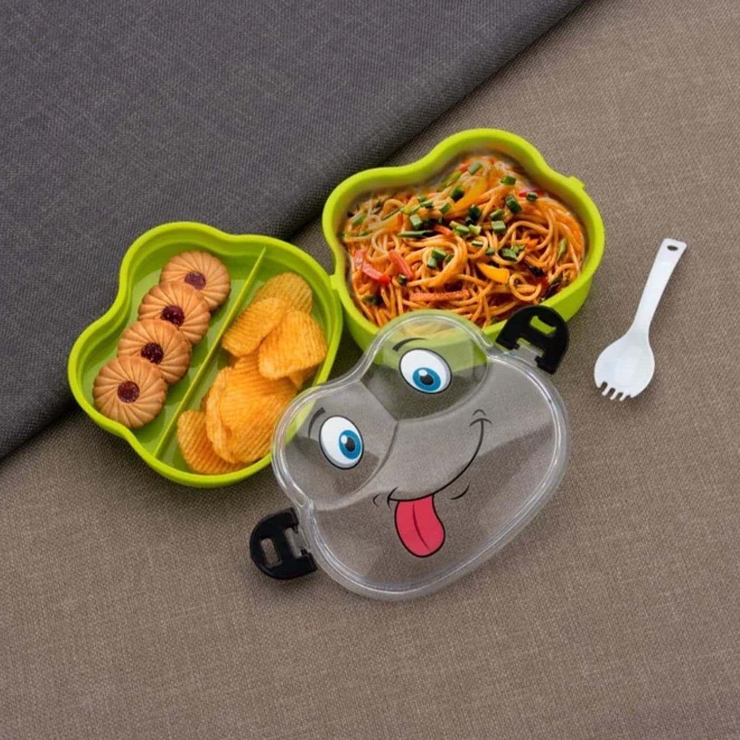 Double Layer Froggy Shape Lunch Box with Spoon (1 Pc / Mix Color) thumbnail 1
