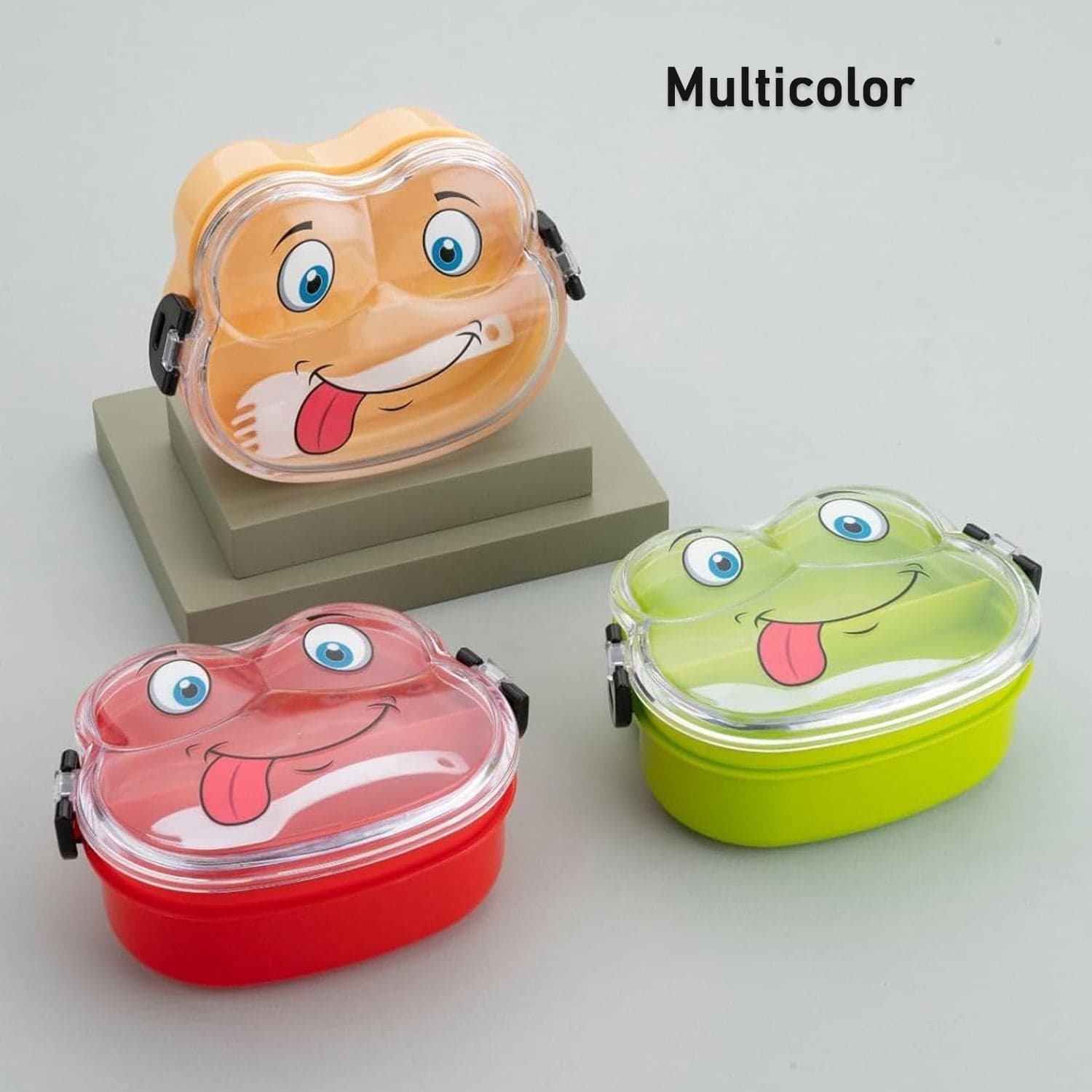 Double Layer Froggy Shape Lunch Box with Spoon (1 Pc / Mix Color) thumbnail 4