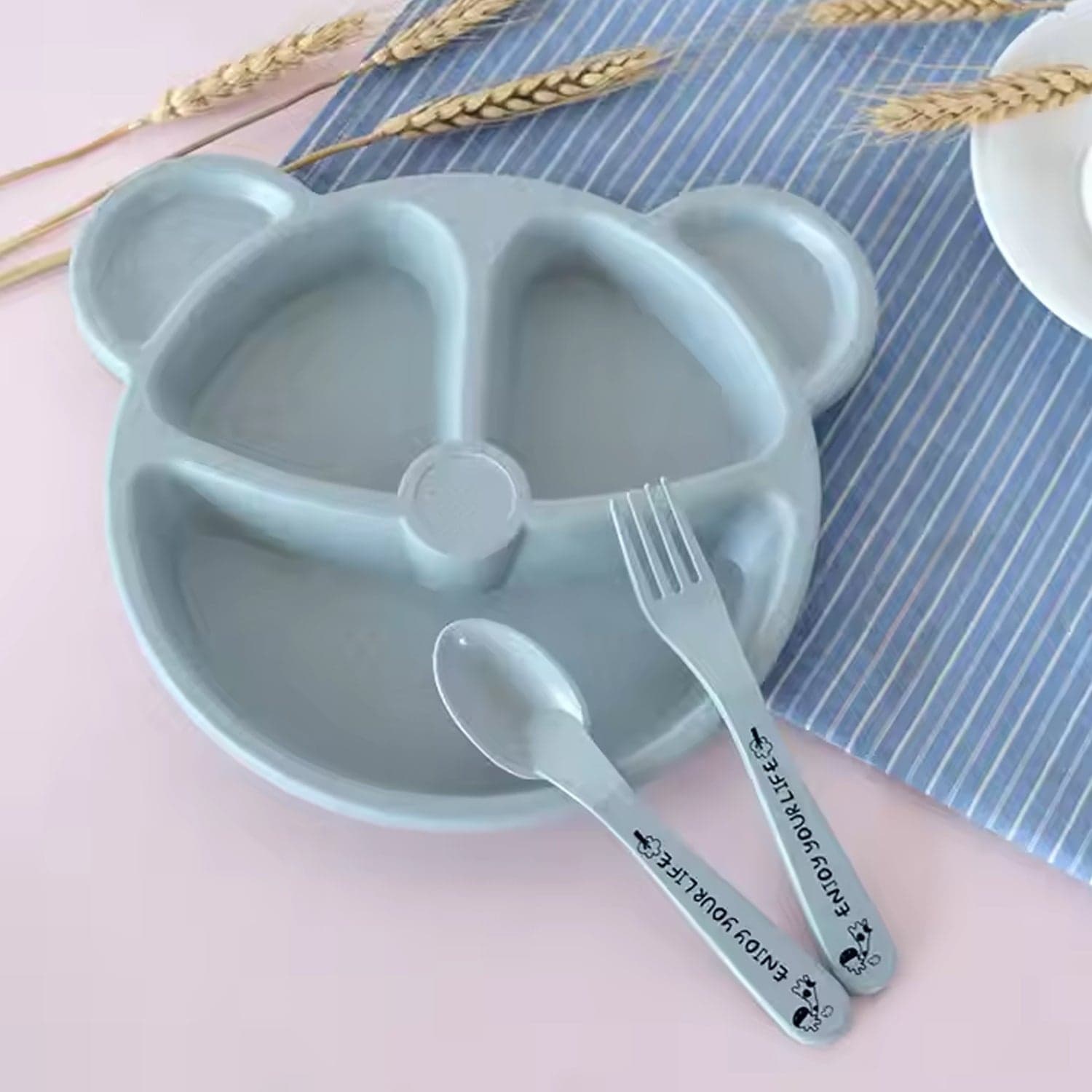 Kids 3 Compartment Food Tray / Plates With Spoon & Fork (1 Set) thumbnail 3