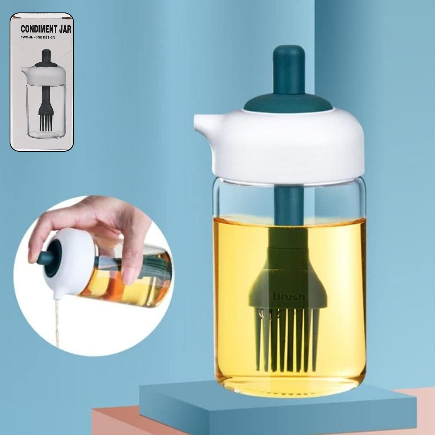 2 in 1 Glass Oil dispenser jar / Bottle with brush (1 Set) thumbnail 1