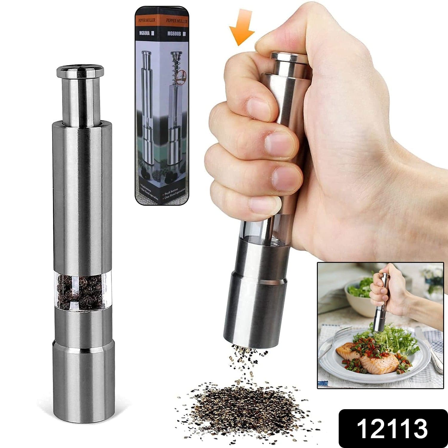 Stainless Steel Thumb Presser Salt and Pepper Grinder (1 Pc) thumbnail 2