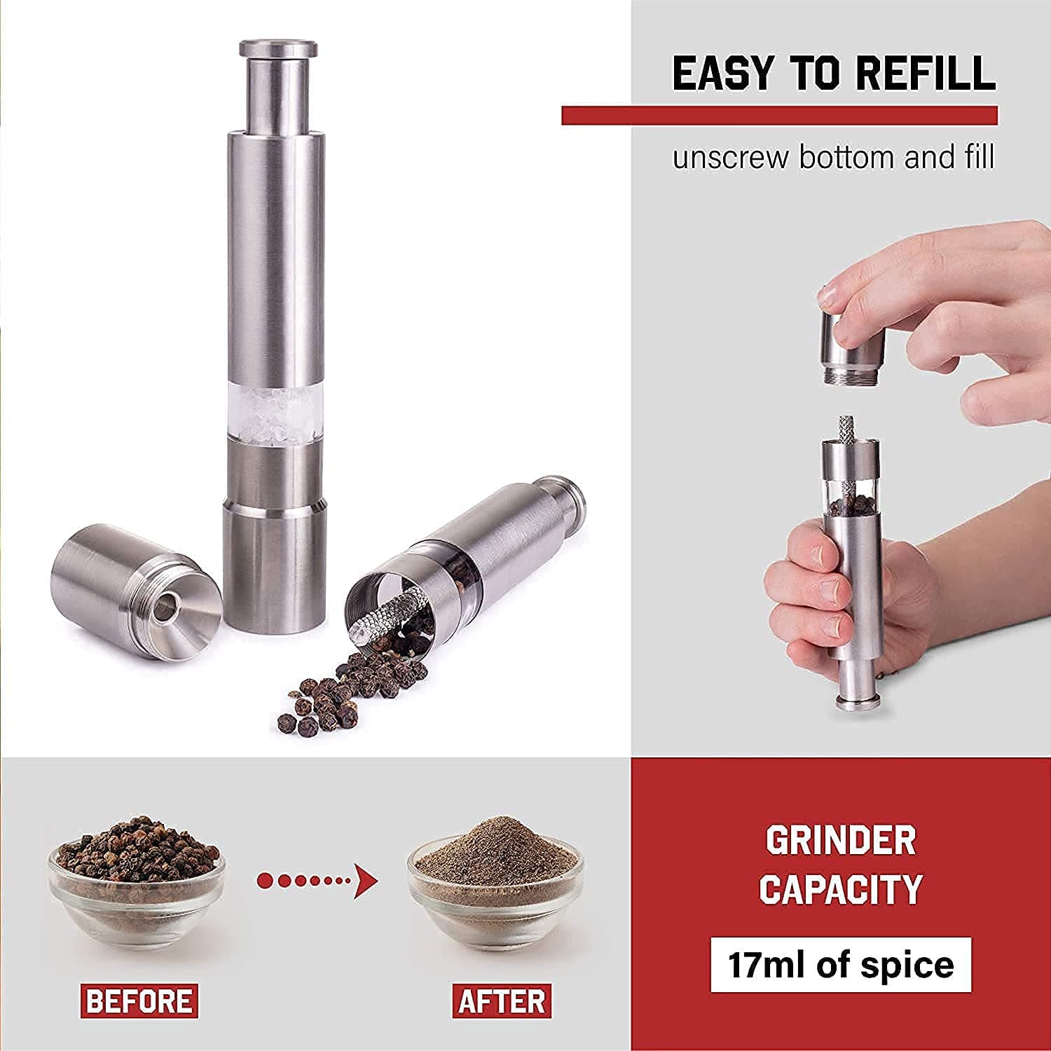Stainless Steel Thumb Presser Salt and Pepper Grinder (1 Pc) thumbnail 8