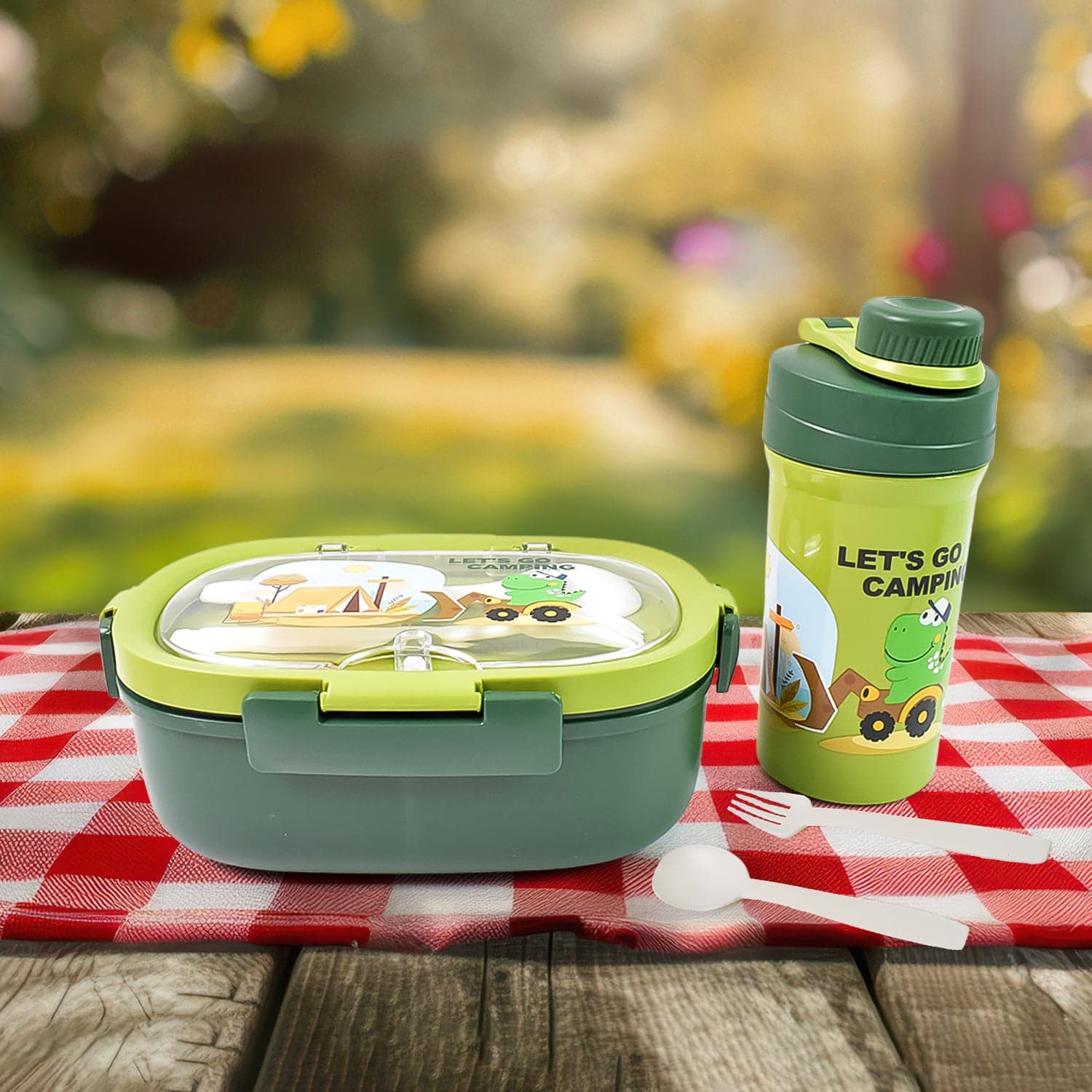 Plastic Lunch Box Leak Proof 3 Compartment with Bottle, Spoon and Fork (1 Set) thumbnail 1