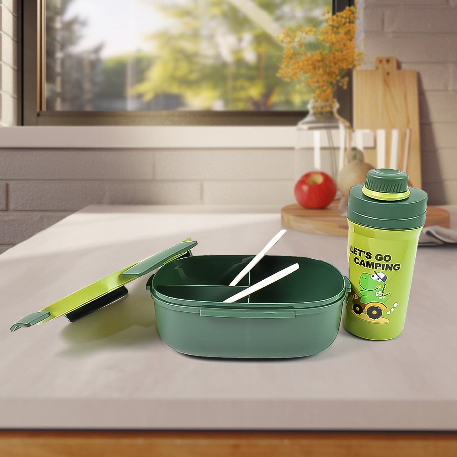 Plastic Lunch Box Leak Proof 3 Compartment with Bottle, Spoon and Fork (1 Set) thumbnail 3